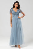 Confiadamente carismático A Line V Neck Dusty Blue Long Bridesmaid Dress con abalorios