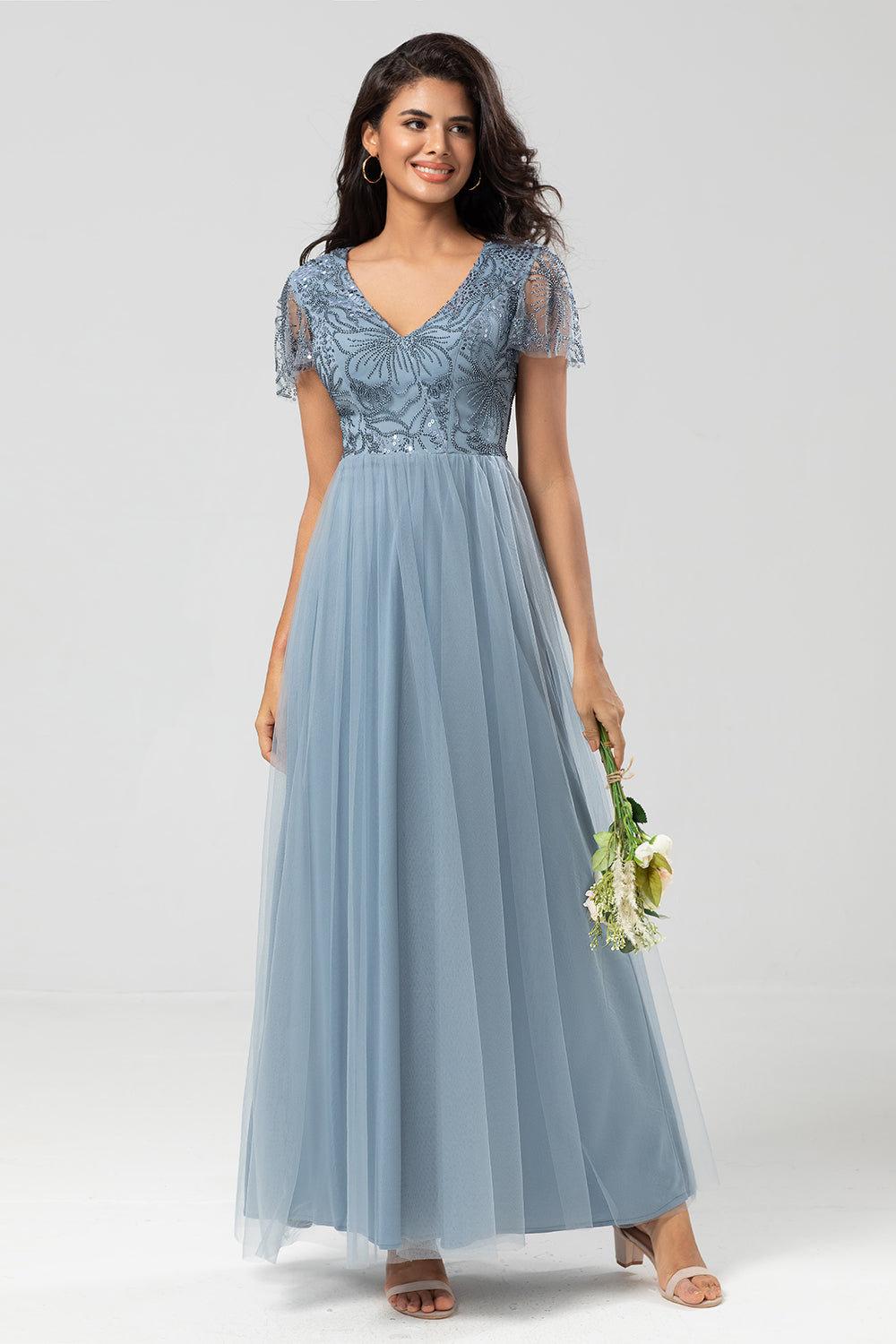 Confiadamente carismático A Line V Neck Dusty Blue Long Bridesmaid Dress con abalorios
