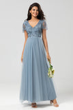 Confiadamente carismático A Line V Neck Dusty Blue Long Bridesmaid Dress con abalorios