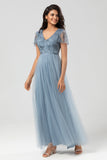 Confiadamente carismático A Line V Neck Dusty Blue Long Bridesmaid Dress con abalorios