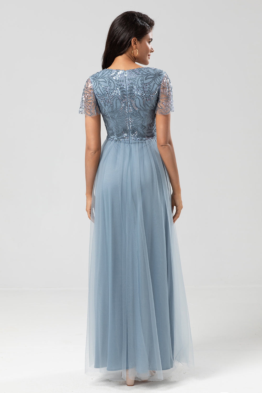 Confiadamente carismático A Line V Neck Dusty Blue Long Bridesmaid Dress con abalorios