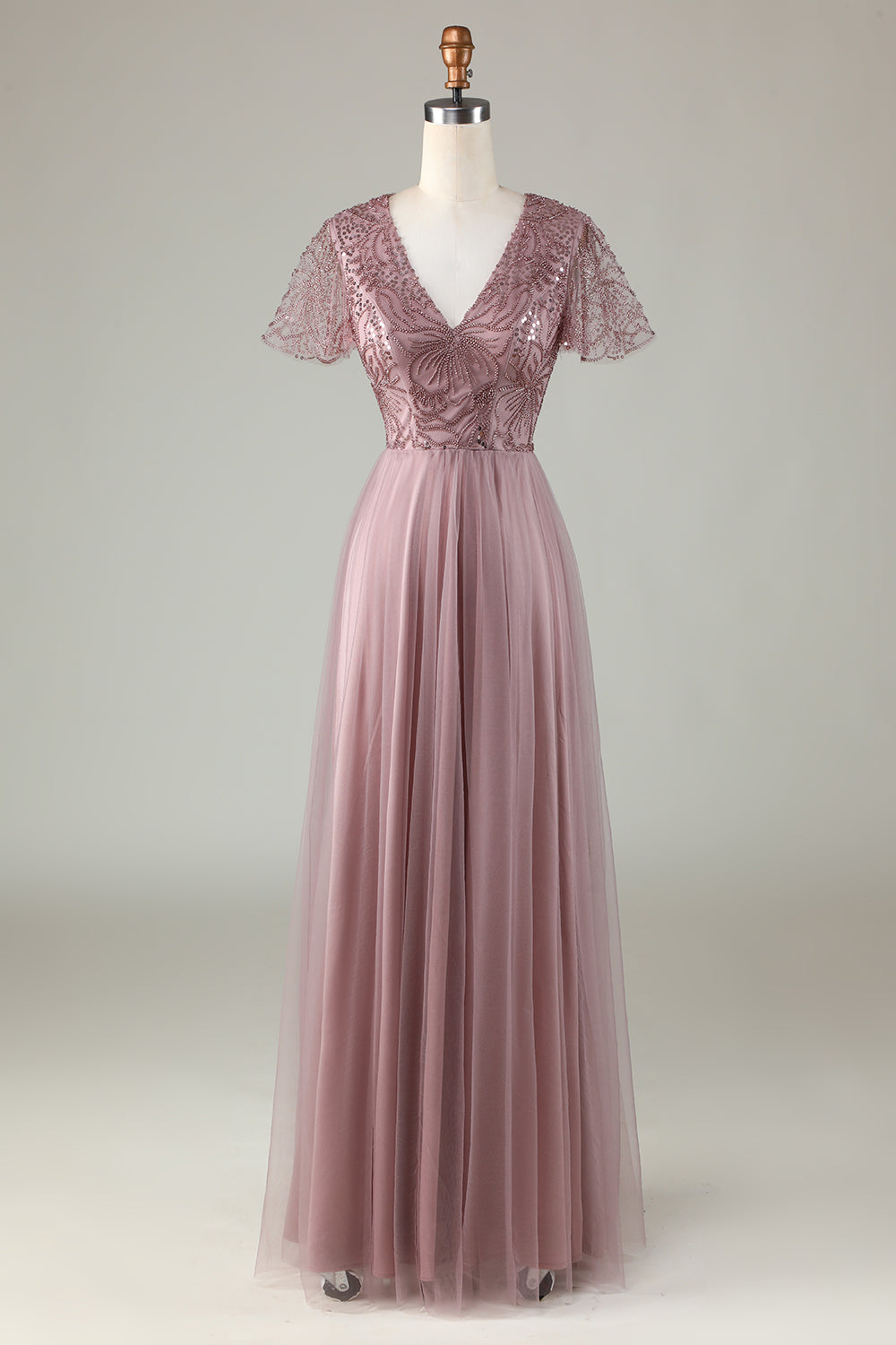Confiadamente carismático A Line V Neck Dusty Blue Long Bridesmaid Dress con abalorios