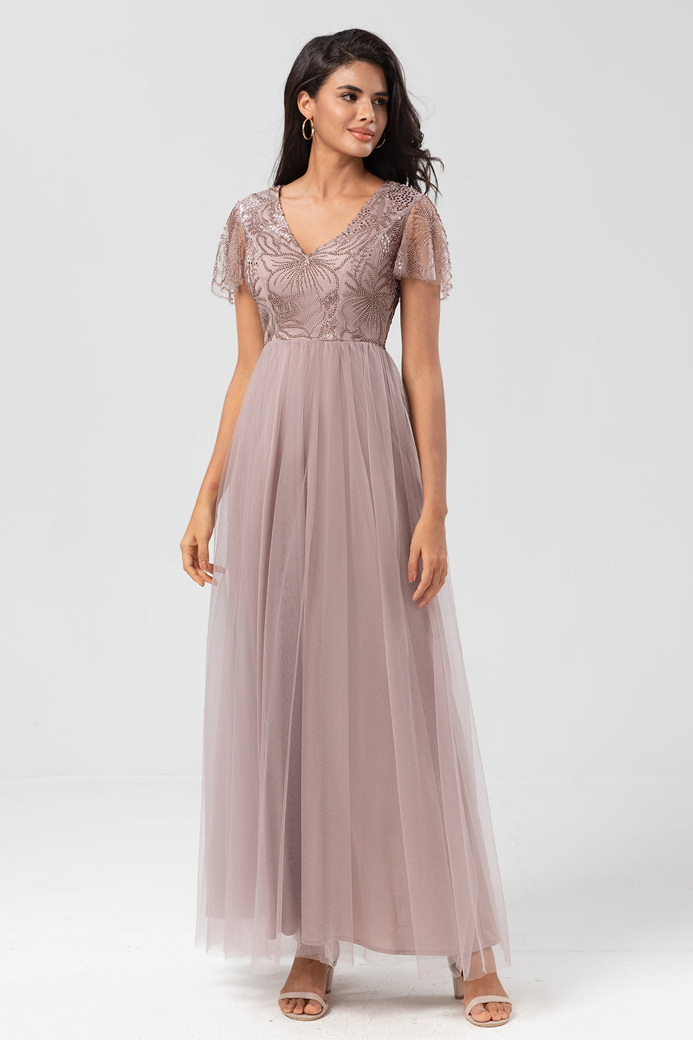 Confiadamente carismático A Line V Neck Dusty Blue Long Bridesmaid Dress con abalorios