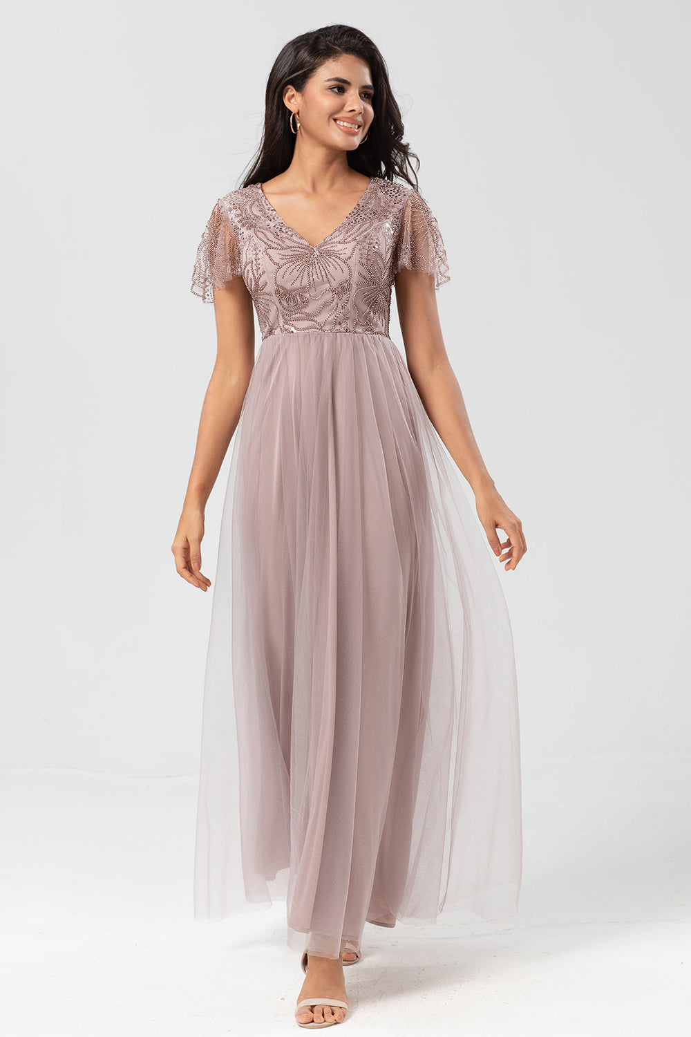 Confiadamente carismático A Line V Neck Dusty Blue Long Bridesmaid Dress con abalorios