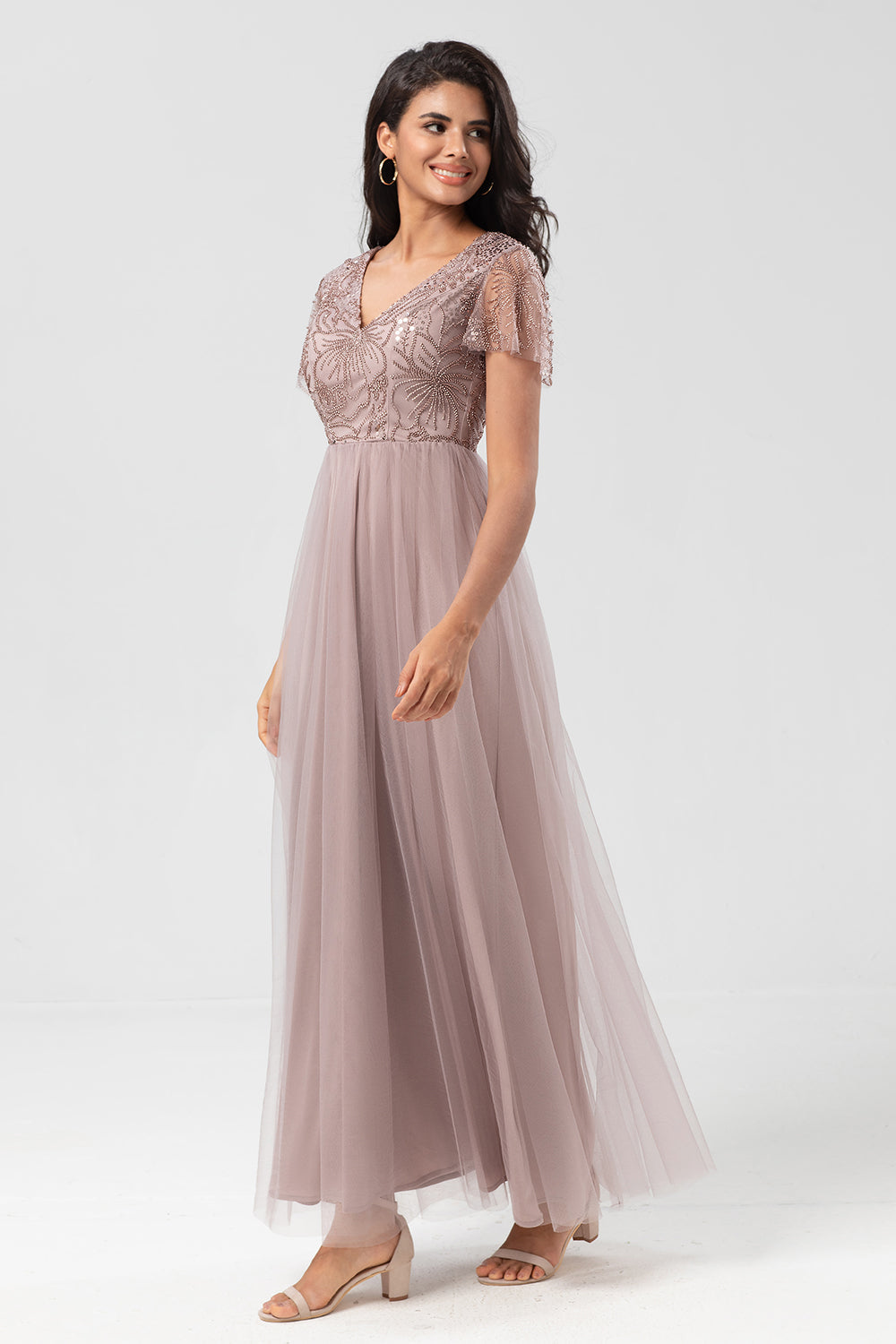 Confiadamente carismático A Line V Neck Dusty Blue Long Bridesmaid Dress con abalorios
