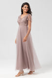 Confiadamente carismático A Line V Neck Dusty Blue Long Bridesmaid Dress con abalorios