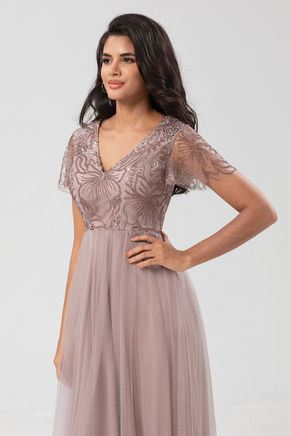 Confiadamente carismático A Line V Neck Dusty Blue Long Bridesmaid Dress con abalorios