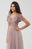 Confiadamente carismático A Line V Neck Dusty Blue Long Bridesmaid Dress con abalorios