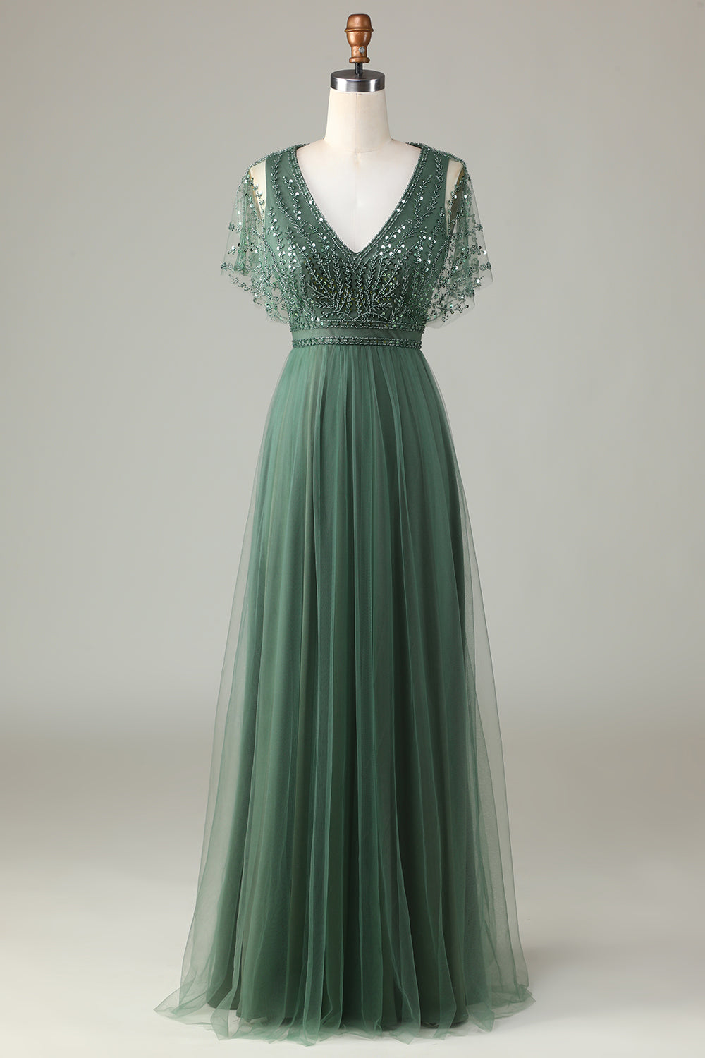Epitome of Romance Vestido largo de dama de honor con cuentas y cuello en V de eucalipto para mujer