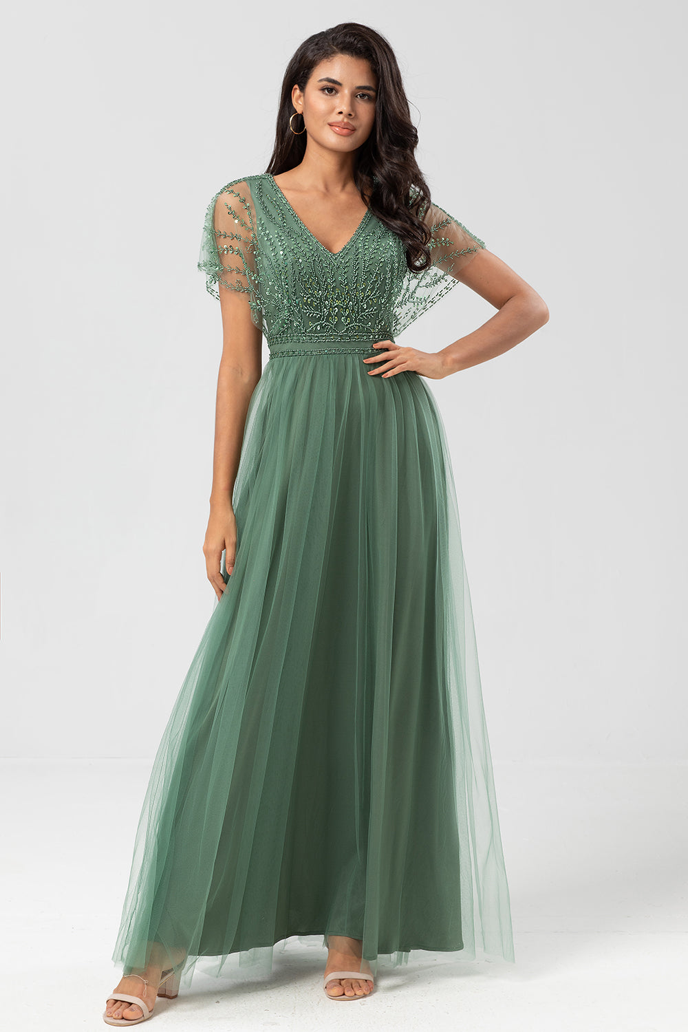 Epitome of Romance Vestido largo de dama de honor con cuentas y cuello en V de eucalipto para mujer