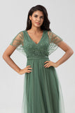 Epitome of Romance Vestido largo de dama de honor con cuentas y cuello en V de eucalipto para mujer