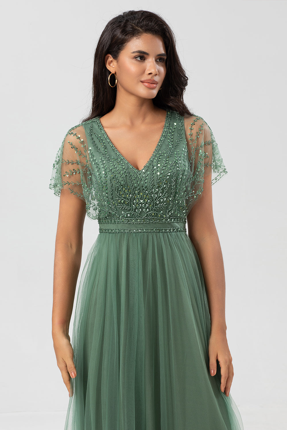 Epitome of Romance Vestido largo de dama de honor con cuentas y cuello en V de eucalipto para mujer