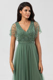 Epitome of Romance Vestido largo de dama de honor con cuentas y cuello en V de eucalipto para mujer
