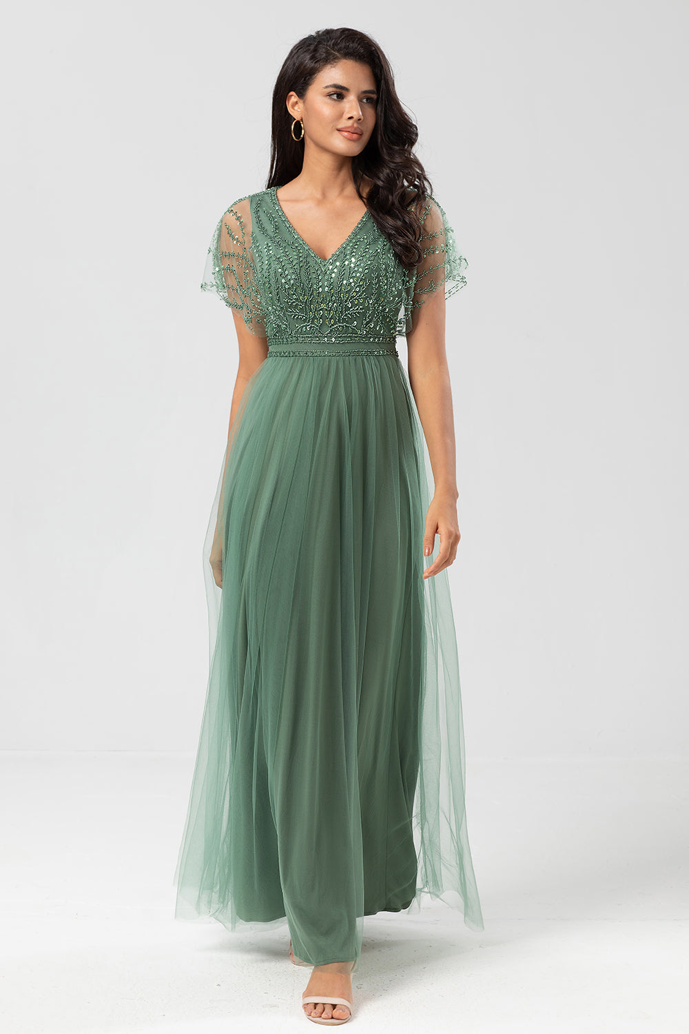 Epitome of Romance Vestido largo de dama de honor con cuentas y cuello en V de eucalipto para mujer