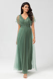 Epitome of Romance Vestido largo de dama de honor con cuentas y cuello en V de eucalipto para mujer
