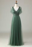 Epitome of Romance Vestido largo de dama de honor con cuentas y cuello en V de eucalipto para mujer