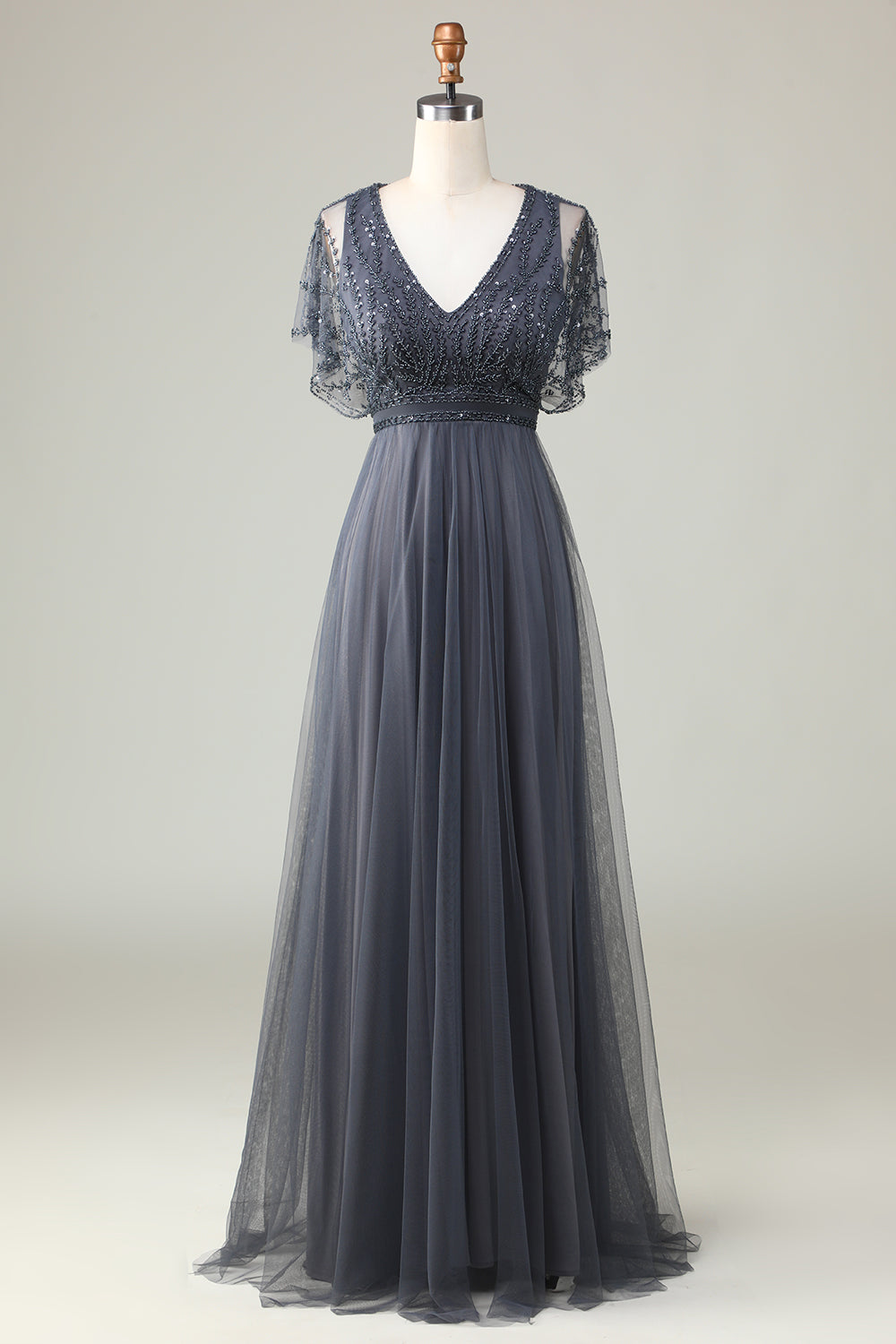 Epitome of Romance Vestido largo de dama de honor con cuentas y cuello en V de eucalipto para mujer