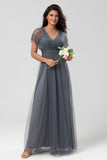 Epitome of Romance Vestido largo de dama de honor con cuentas y cuello en V de eucalipto para mujer