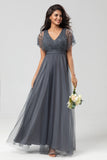 Epitome of Romance Vestido largo de dama de honor con cuentas y cuello en V de eucalipto para mujer