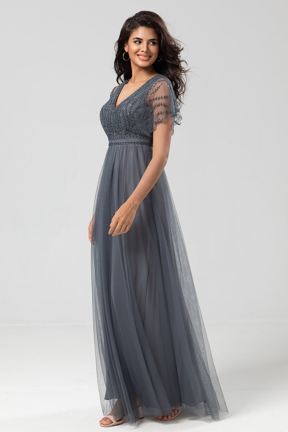 Epitome of Romance Vestido largo de dama de honor con cuentas y cuello en V de eucalipto para mujer