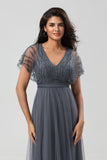 Epitome of Romance Vestido largo de dama de honor con cuentas y cuello en V de eucalipto para mujer
