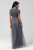 Epitome of Romance Vestido largo de dama de honor con cuentas y cuello en V de eucalipto para mujer