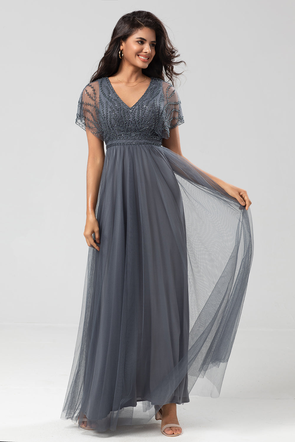 Epitome of Romance Vestido largo de dama de honor con cuentas y cuello en V de eucalipto para mujer