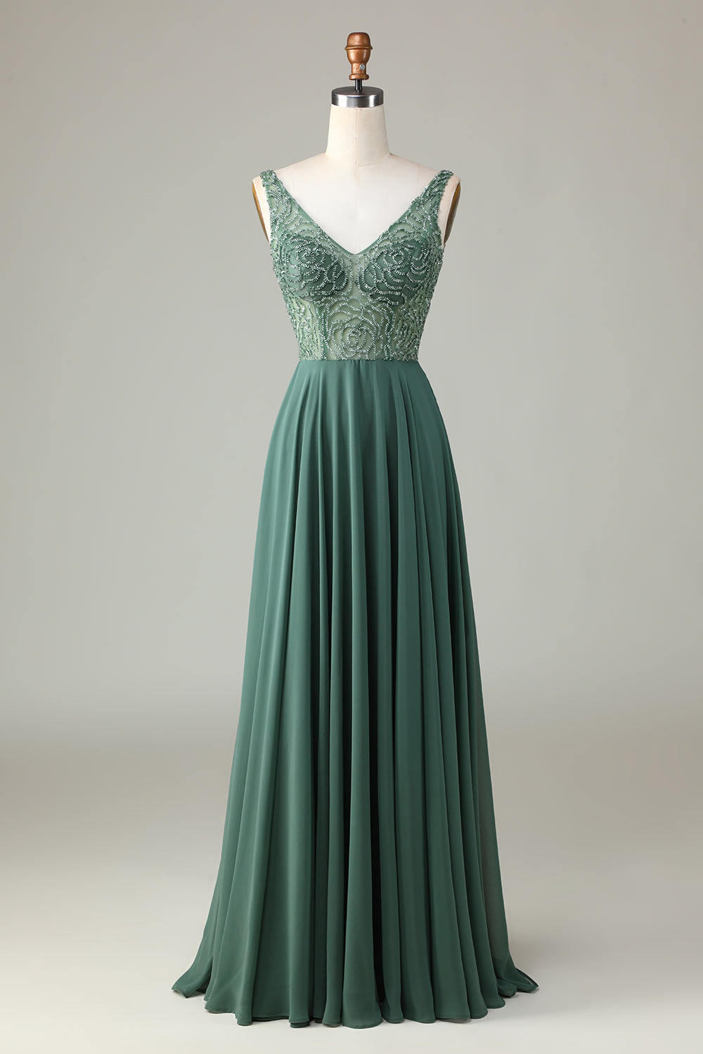 Confiadamente carismático A Line V cuello Eucalipto Vestido de dama de honor largo con abalorios