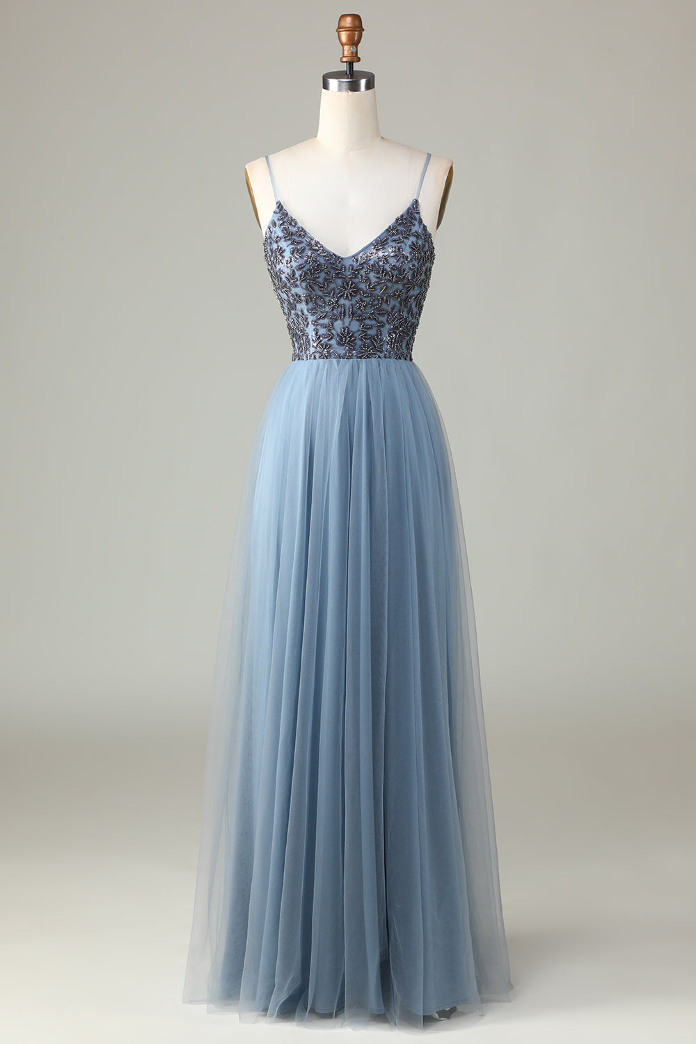 Chic Romántico A Line Spaghetti Straps Dusty Blue Long Bridesmaid Dress con abalorios