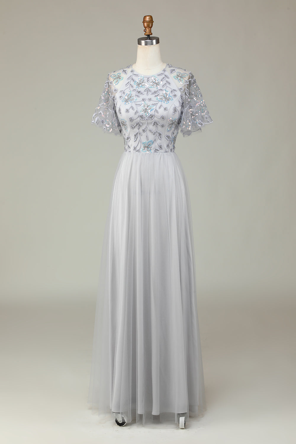 Classic Elegance A-Line Jewel Neck Grey Long Bridesmaid Dress con mangas cortas
