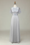 Classic Elegance A-Line Jewel Neck Grey Long Bridesmaid Dress con mangas cortas