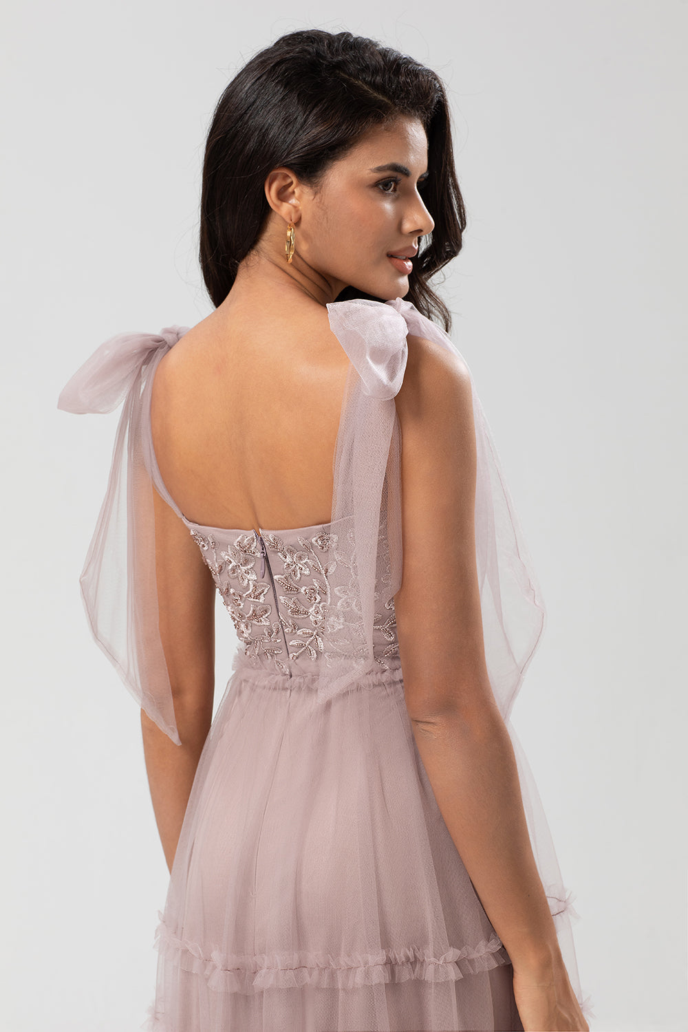 Guardián de mi corazón A-Line V Cuello Dusty Rosa Vestido de dama de honor largo con abalorios