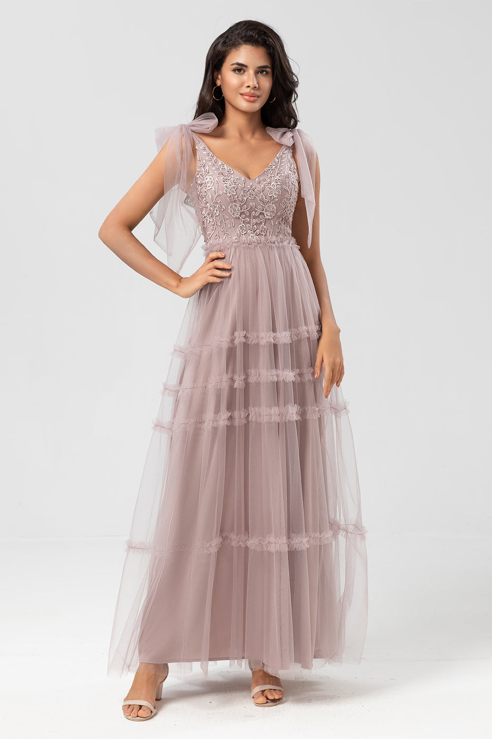 Guardián de mi corazón A-Line V Cuello Dusty Rosa Vestido de dama de honor largo con abalorios