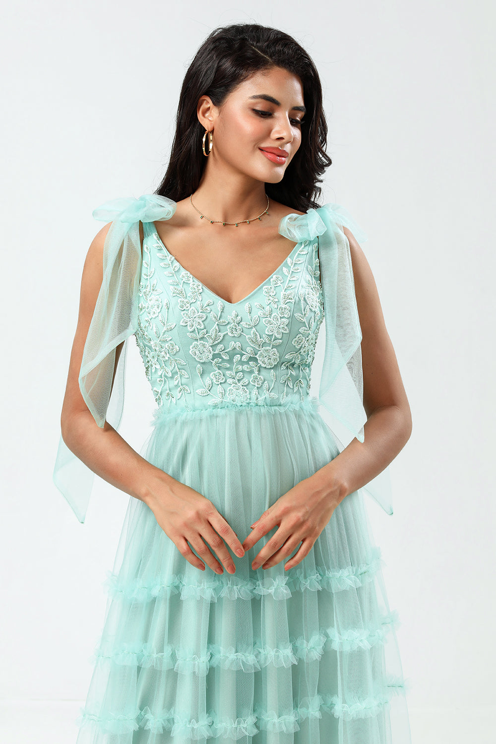 Guardián de mi corazón A-Line V Cuello Dusty Rosa Vestido de dama de honor largo con abalorios