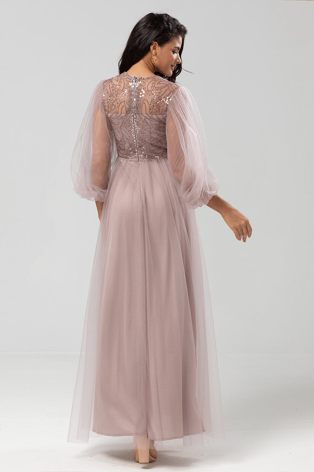 Chic Romántico Una línea Jewel Neck Grey Blue Long Bridesmaid Dress con mangas largas