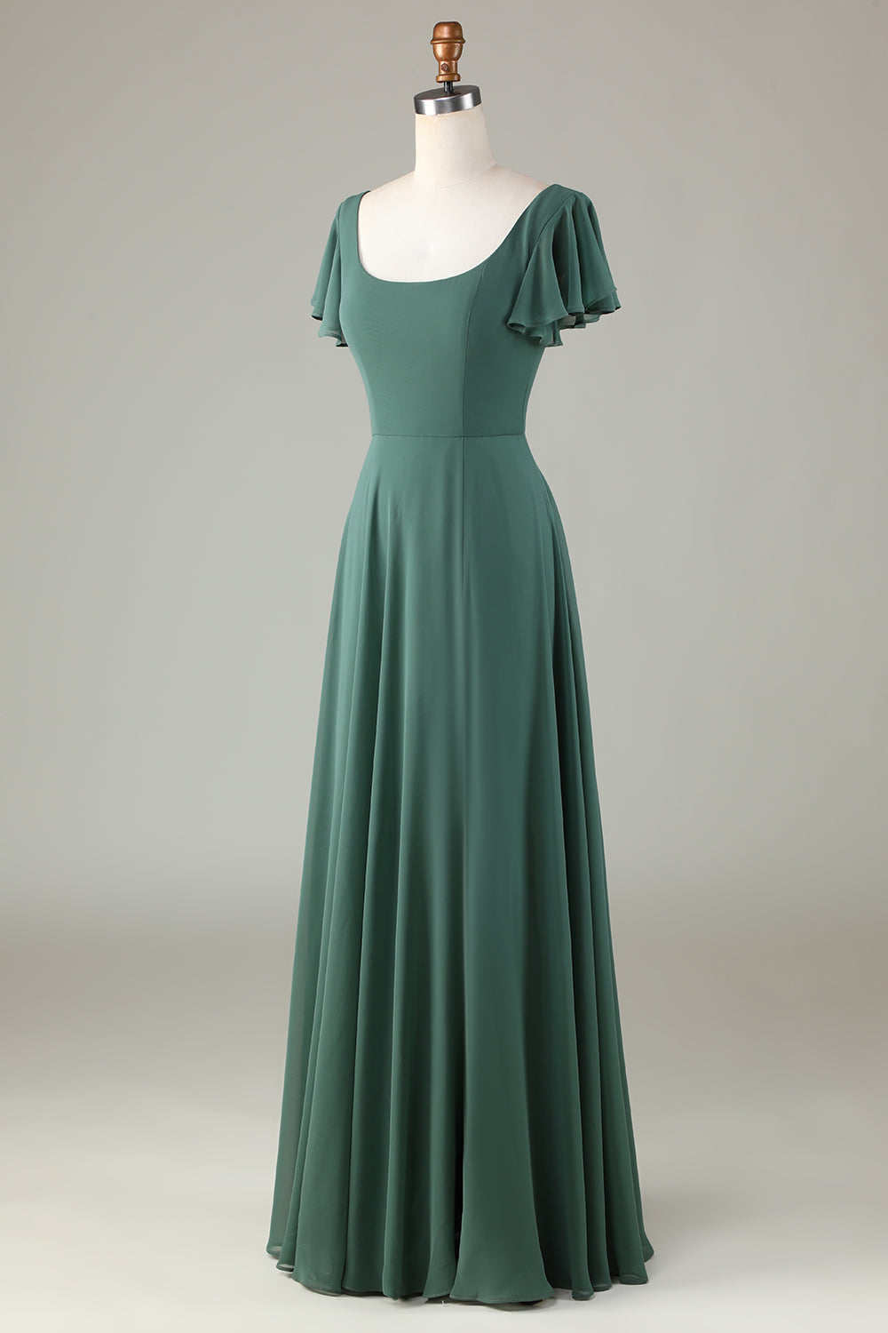 A-Line Eucalyptus Vestido de Dama de Honor Larga con Volantes