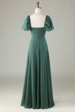 Chiffon Puff Mangas Eucalipto Vestido de Dama de Honor
