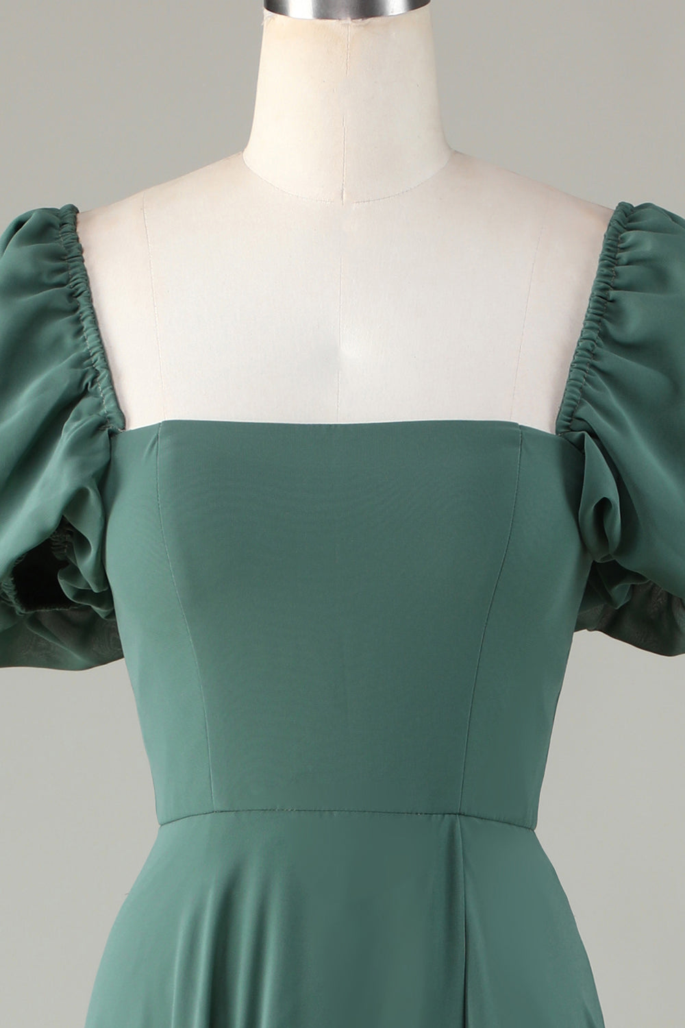 Chiffon Puff Mangas Eucalipto Vestido de Dama de Honor