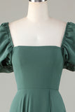 Chiffon Puff Mangas Eucalipto Vestido de Dama de Honor