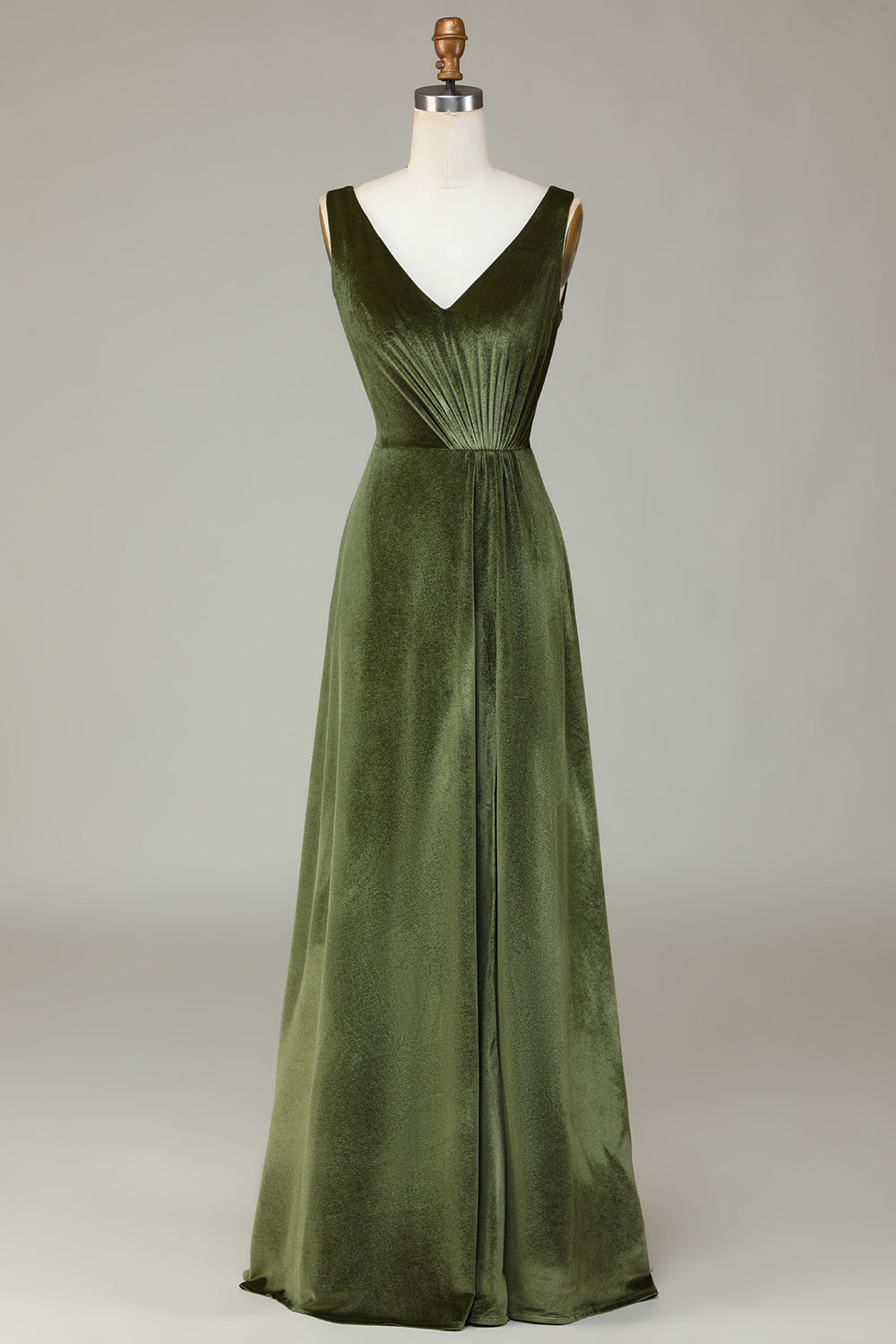 V-Cuello sin mangas Olive Velvet Vestido de dama de honor