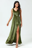 V-Neck Sleeveless A Line Olive Velvet Bridesmaid Dress con abertura