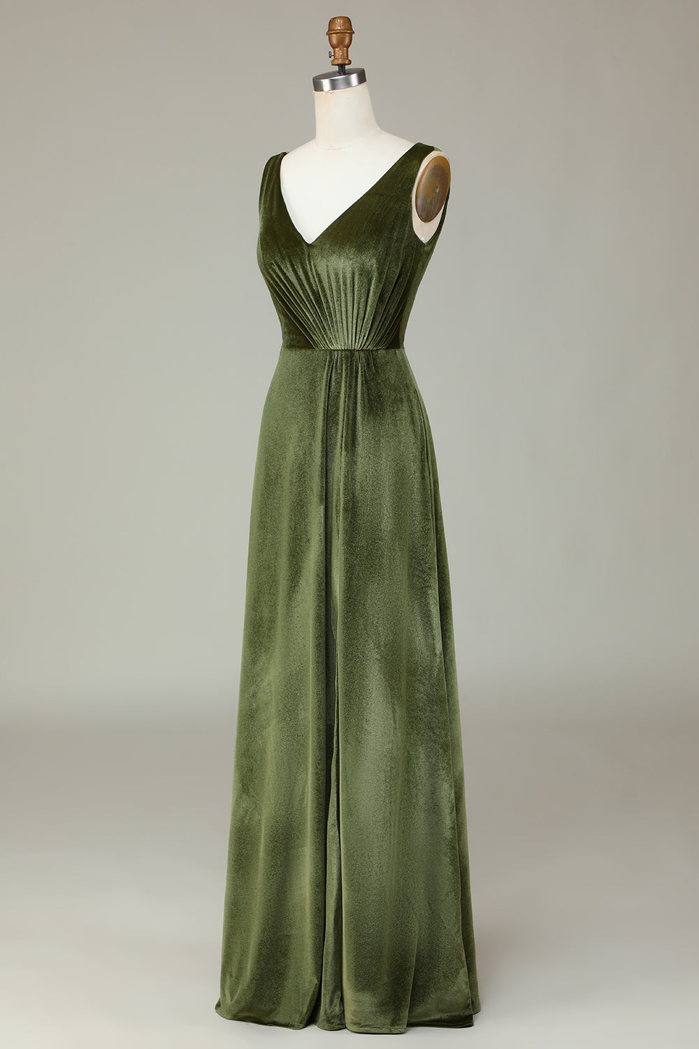 V-Cuello sin mangas Olive Velvet Vestido de dama de honor