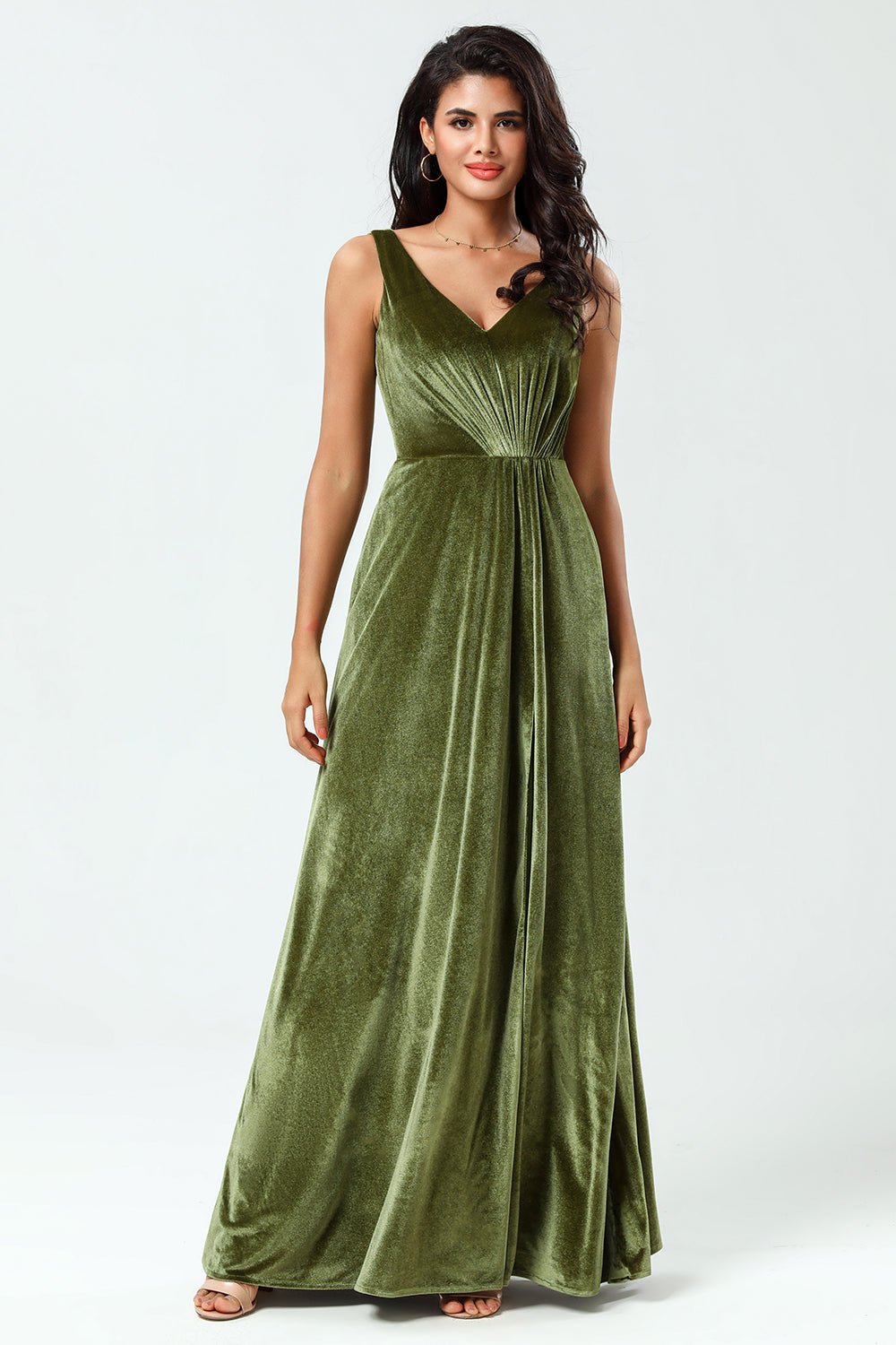 V-Neck Sleeveless A Line Olive Velvet Bridesmaid Dress con abertura