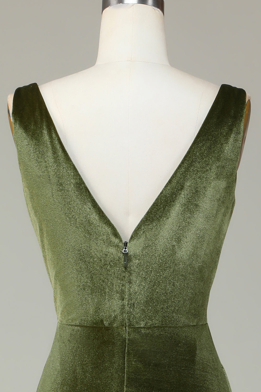 V-Cuello sin mangas Olive Velvet Vestido de dama de honor