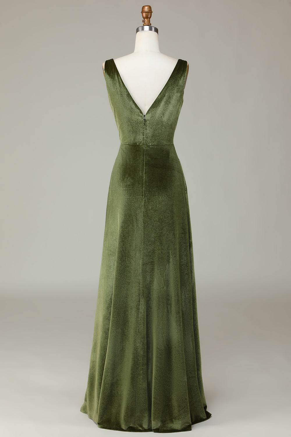 V-Cuello sin mangas Olive Velvet Vestido de dama de honor