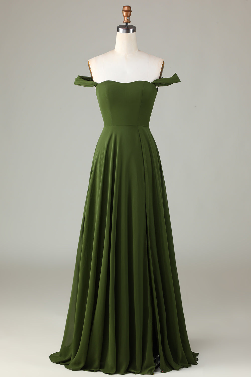 Off The Shoulder A Line Vestido de dama de honor oliva con hendidura