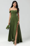 Off The Shoulder A Line Vestido de dama de honor oliva con hendidura