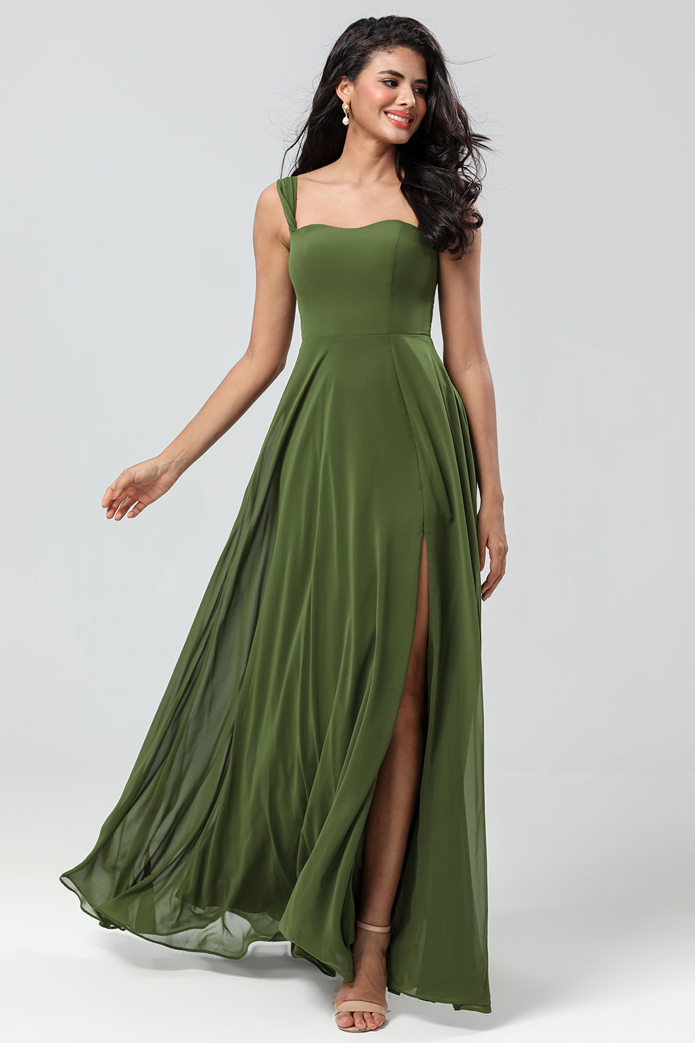Off The Shoulder A Line Vestido de dama de honor oliva con hendidura