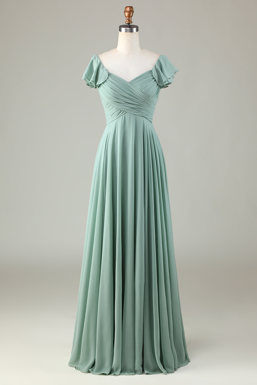 Lace-Up Back A Line Chiffon Green Vestido de dama de honor con volantes