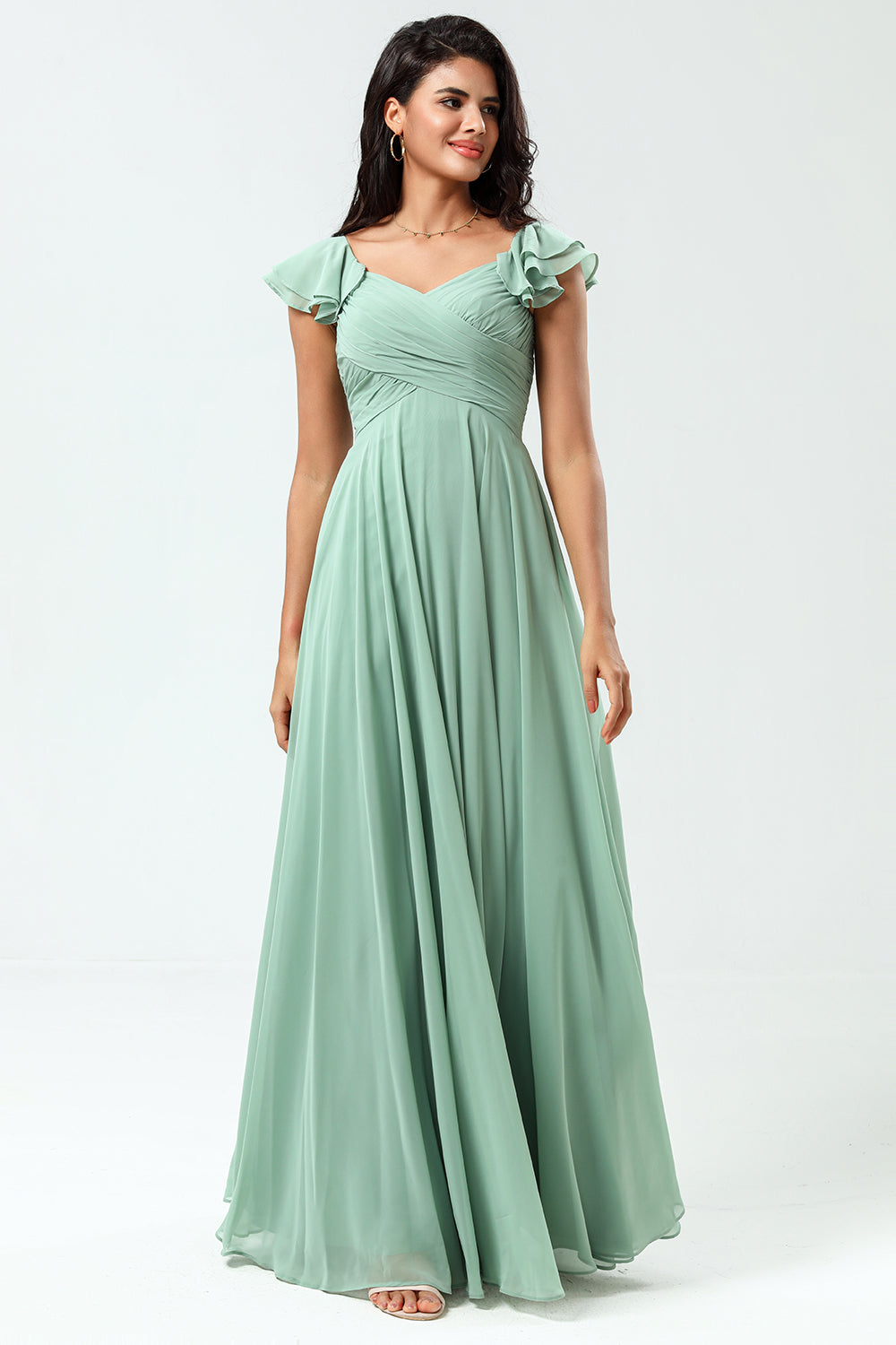 Lace-Up Back A Line Chiffon Green Vestido de dama de honor con volantes